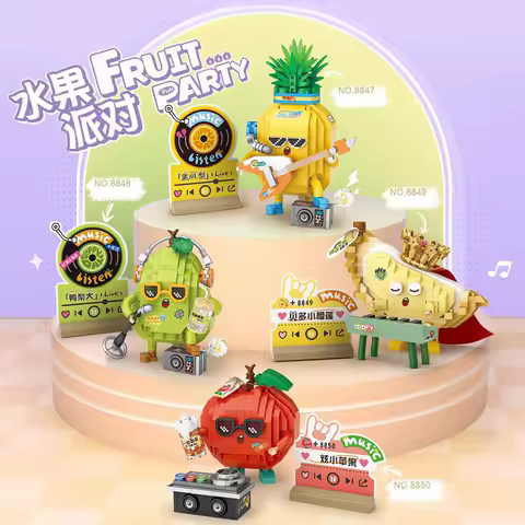 Idea Nanobrick Cartoon Rock Roll Fruit Music Party Micro Diamond Block Pineapple Pear Durian Apple Building Brick Toys For Kids