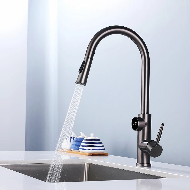 Digital Temperature Display Gray Faucet Kitchen Faucet Single Handle Pull Out Spout Kitchen Sink Mixer Hot And Cold Water Taps