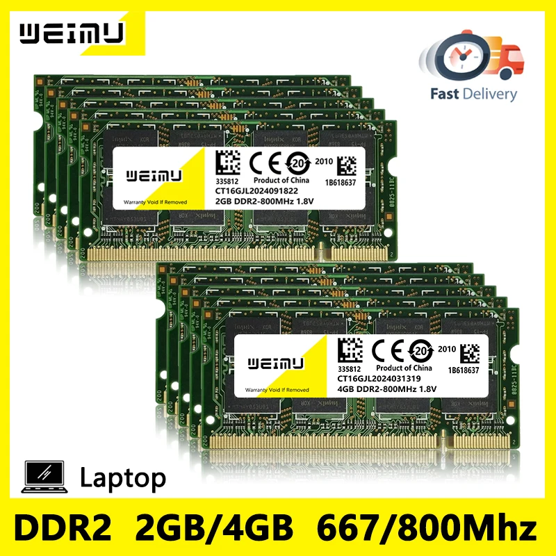 Wholesale 10/30/50Pcs DDR2 2GB Laptop Memories Ram PC2 1.8V 6400 5300 Non-ECC Unbuffered Sodimm 667 800Mhz 200Pin Memory Ram