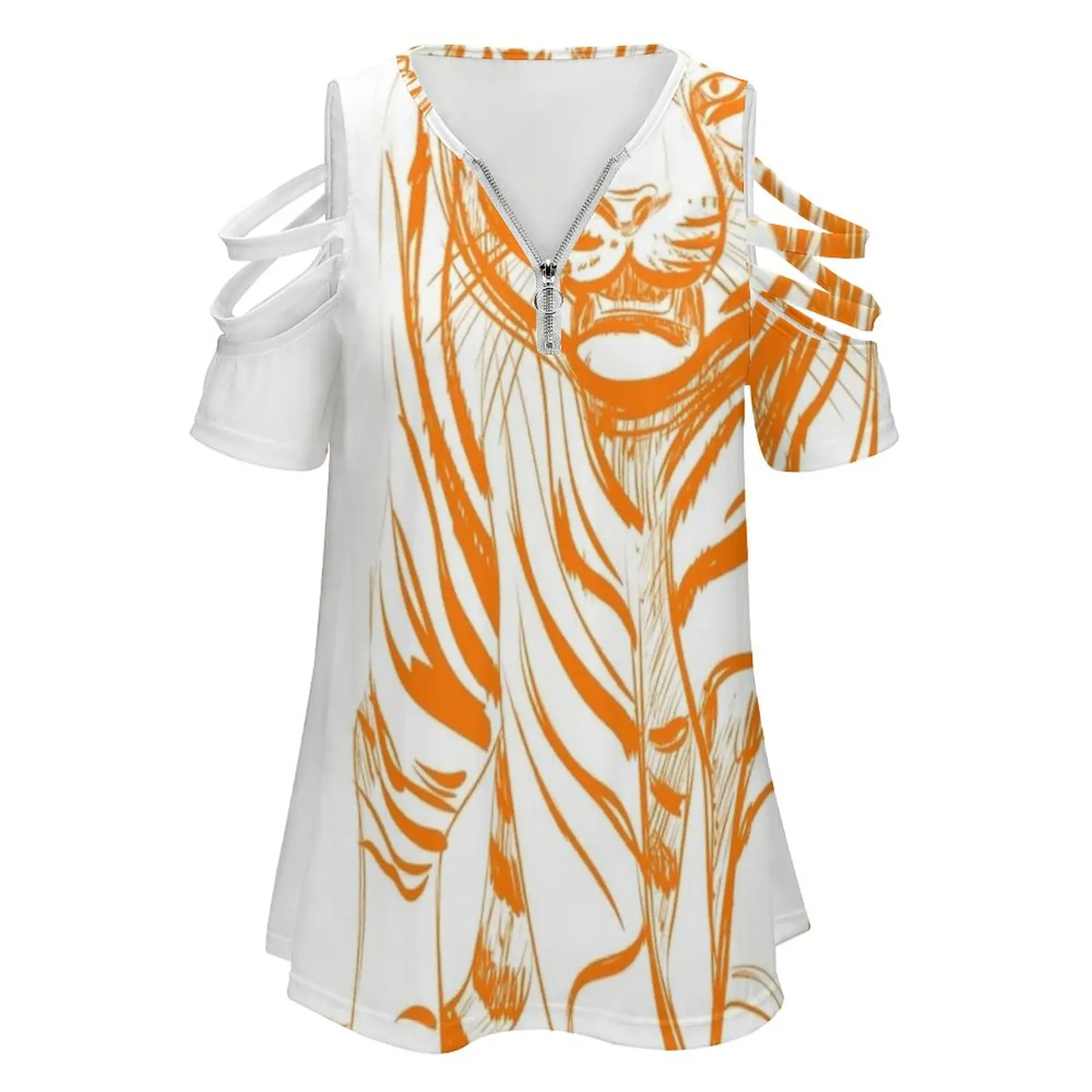Tiger Women's T-Shirt New Fashion Printed Zipper V-Neck Short Sleeve T Shirts Casual Plus Size Tigers Tiger Purple Orange