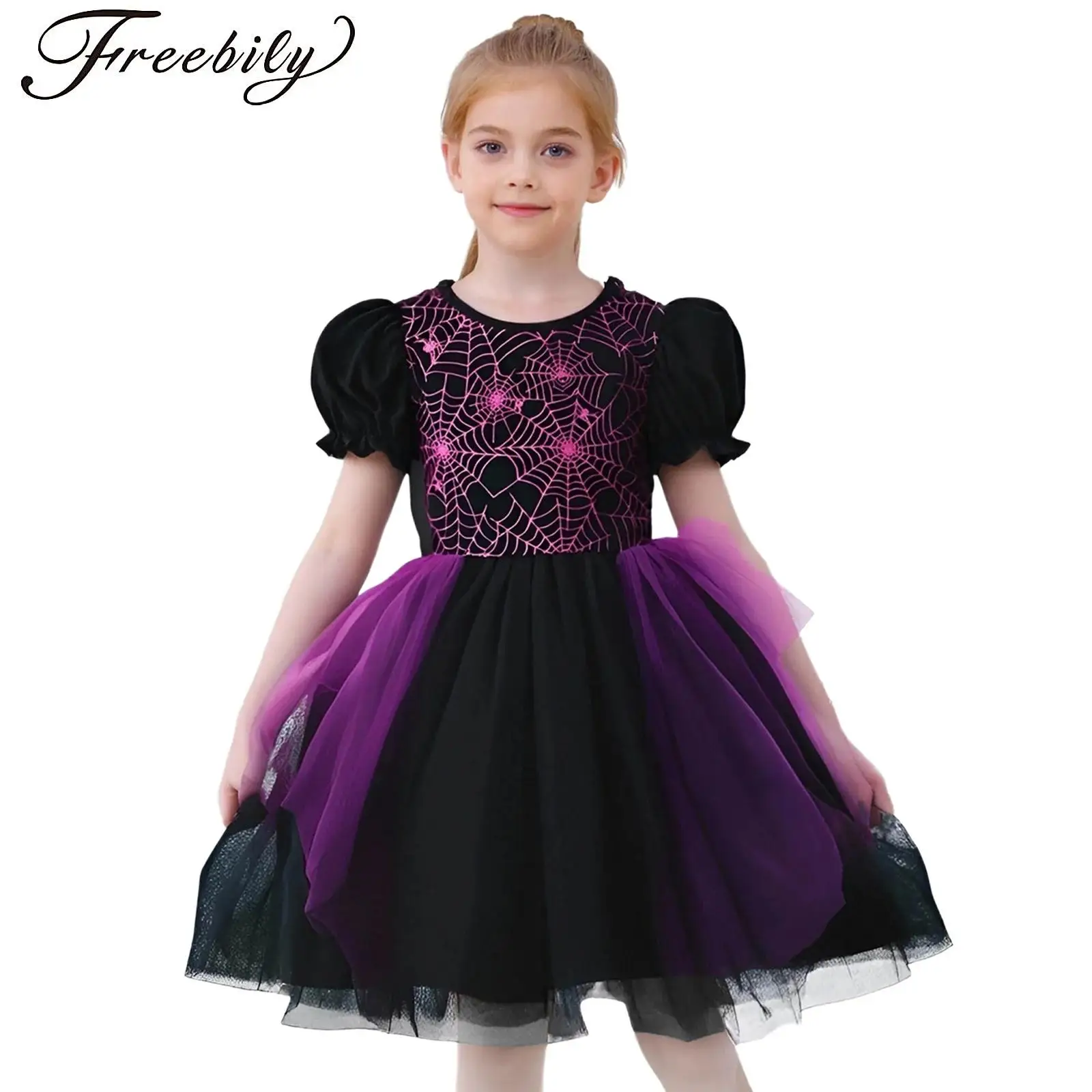 

Girls Halloween Cosplay Witch Costume Spider Web Print Dress Puffy Sleeve Tutu Dress Vampire Princess Dress Up for Xmas Birthday