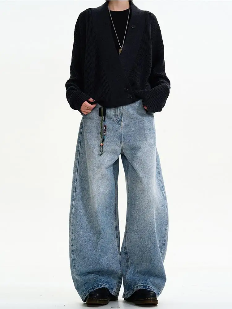 Classic American Washed Light Blue Men's And Women's Loose Vintage Silhouette Casual Wide Leg Long Jeans Knife 