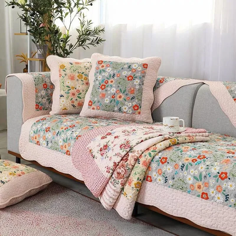 Floral Cotton Quilted Sofa Covers for Living Room, Non-Slip Sofa Back Towel, Couch Mat Cushion Cover, Furniture Case, Four Seaso