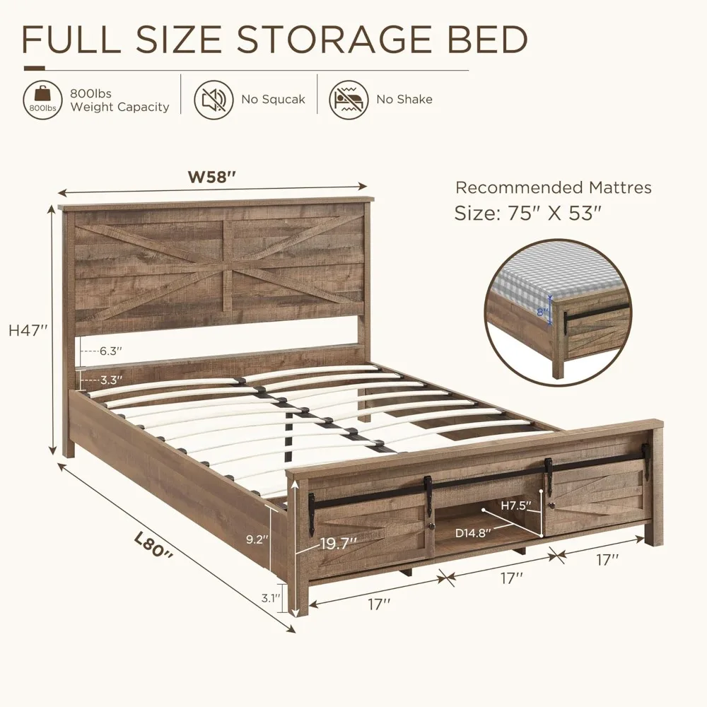 Full farmhouse wooden bed frame with sliding barn door storage cabinets, solid wood bar support, light brown