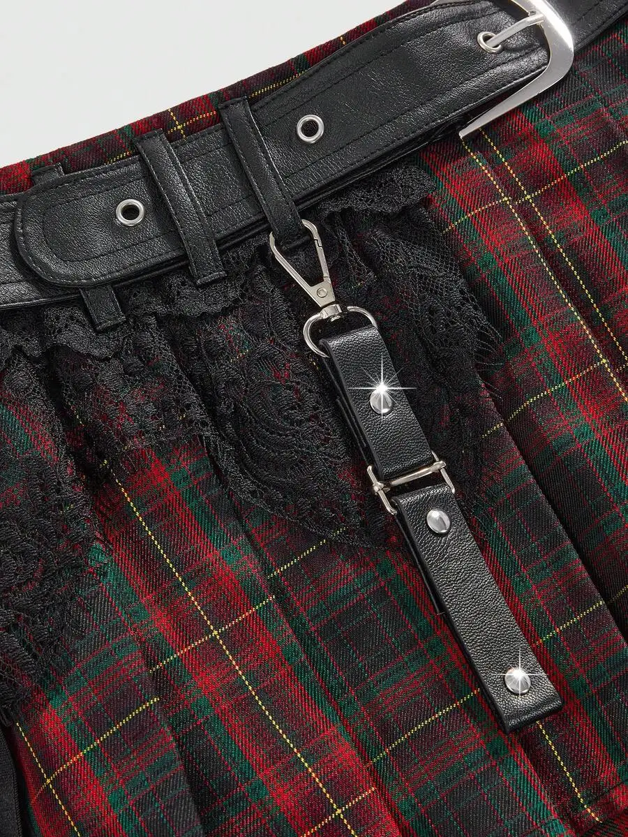 

Punk Plaid Pleated Skirt With Lace And Belt Low Waist Super Short