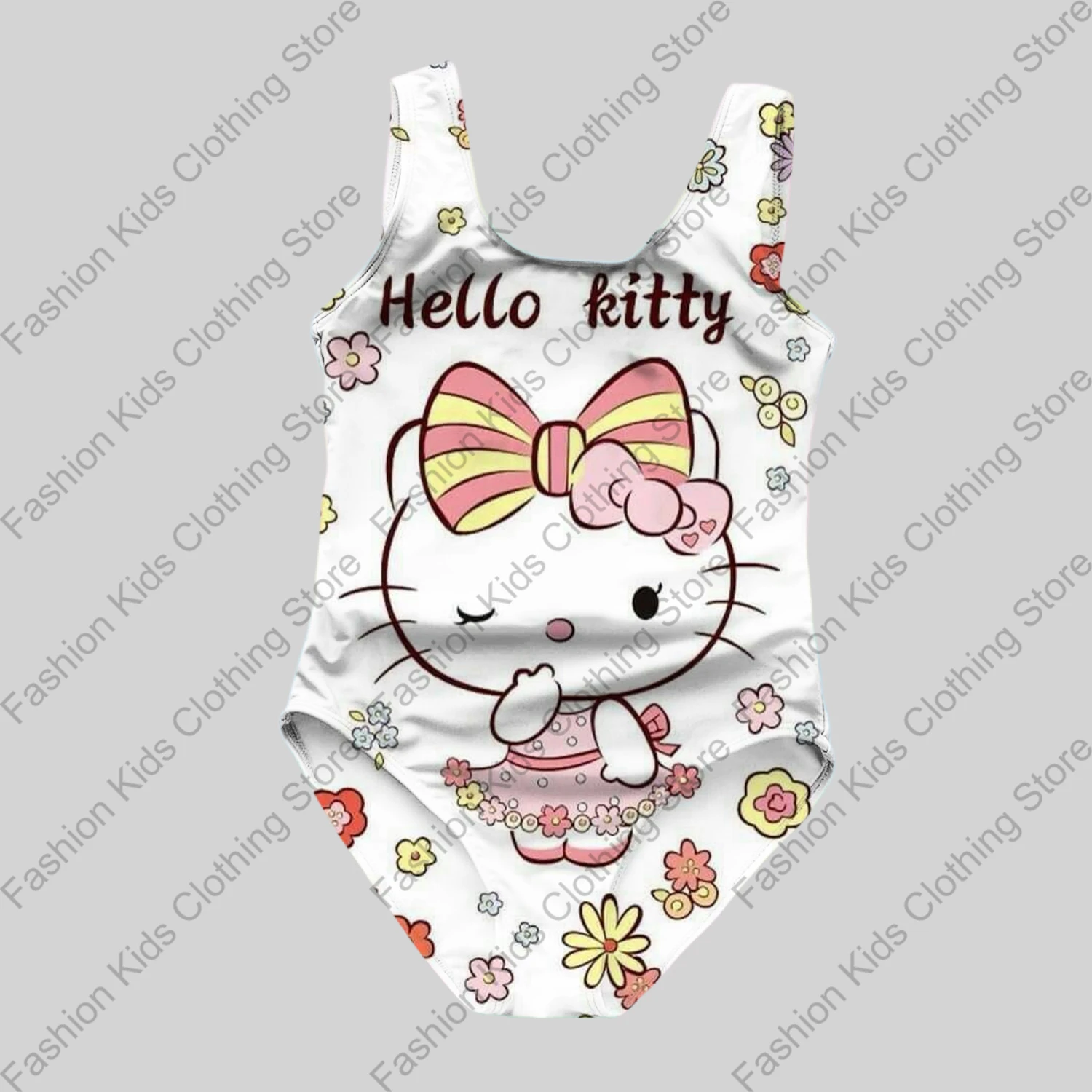 MINISO Girls Summer One-Piece Swimsuit Fashion Cartoon Cute Hello Kitty Print Women Swimwear Girl Sleeveless Girls Swim Clothing