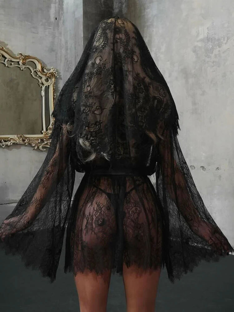Luxury See Through Lace Long Sleeve Hollow Out Robe With Shaping Lingerie 4Pcs Set Sexy Bodycon Outfit For Nightclub Party