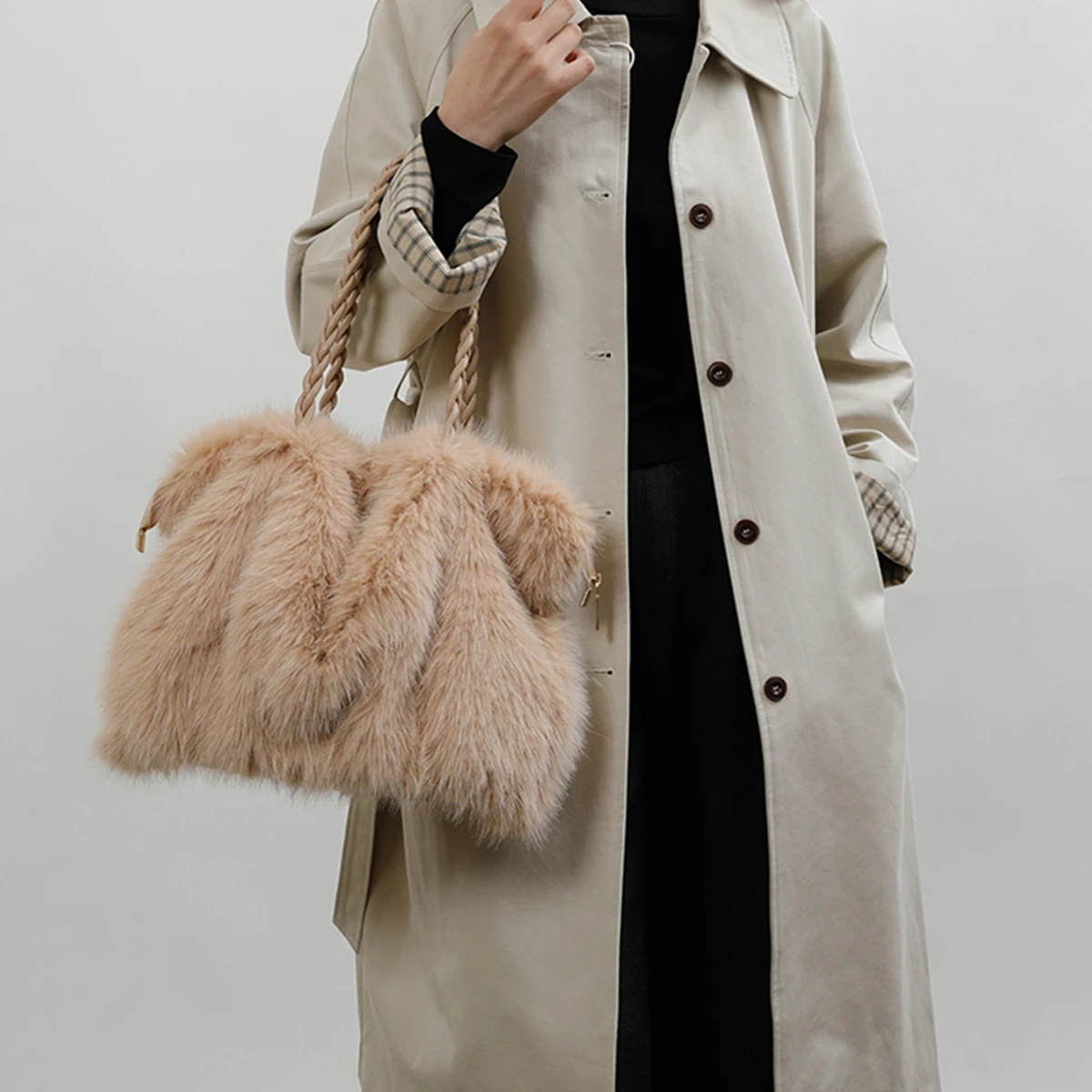 

Womens Fashion Plush Wrinkle ShoulderBag Woven Handle Large Capacity Polyester Soft Warm Adjustable Chain Strap Daily Use