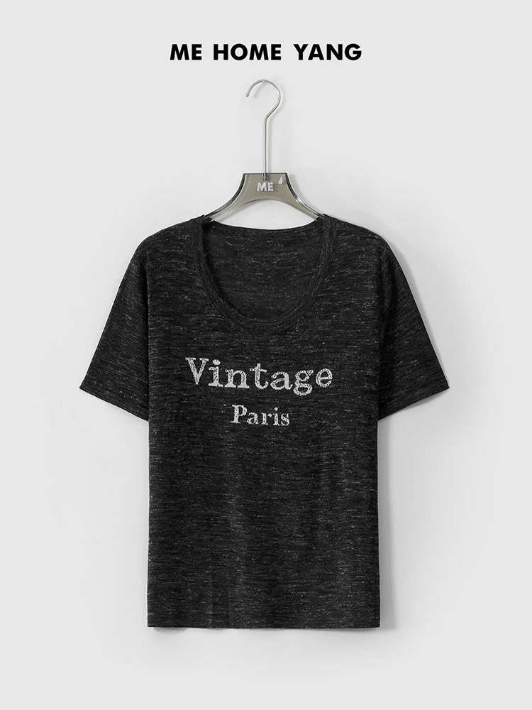 

Женский летний модный вязаный топ MEHOMEYANG из льна с коротким рукавом, приталенный, с надписью, в стиле Lao Yang's Personal Paris