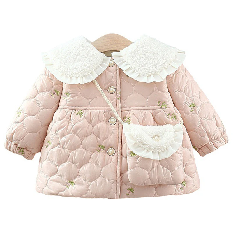 Autumn Winter Toddler Girl Jacket Korean Style Fashion Cute Fleece Doll Collar Newborn Coat+Bag Baby Clothing Kids Clothes BC858