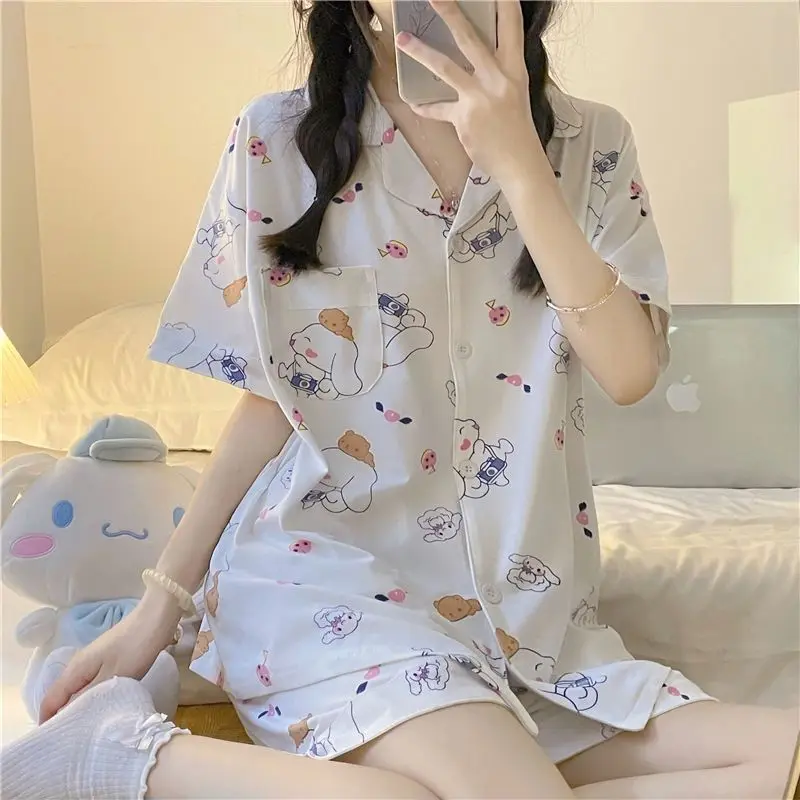 

Пижама Sanrio Cinnamoroll: летний комплект с шортами и коротким рукавом, милая мультяшная ночная одежда для студентов, домашний костюм