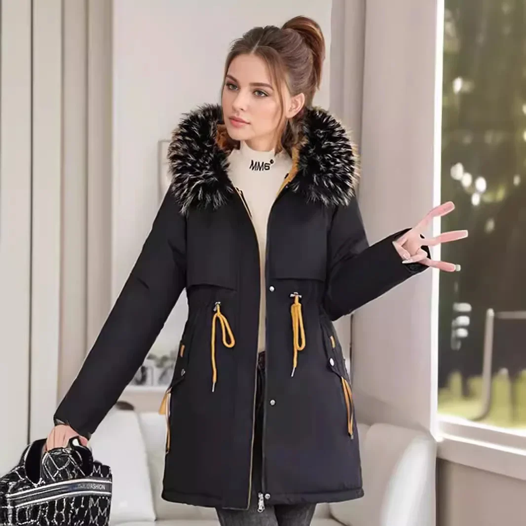 2025 Women's Parkas Coats Winter Female Fur Collar Thicken Warm Cotton Jacket Waist Drawstring Casual Jacket Women's Outerwear