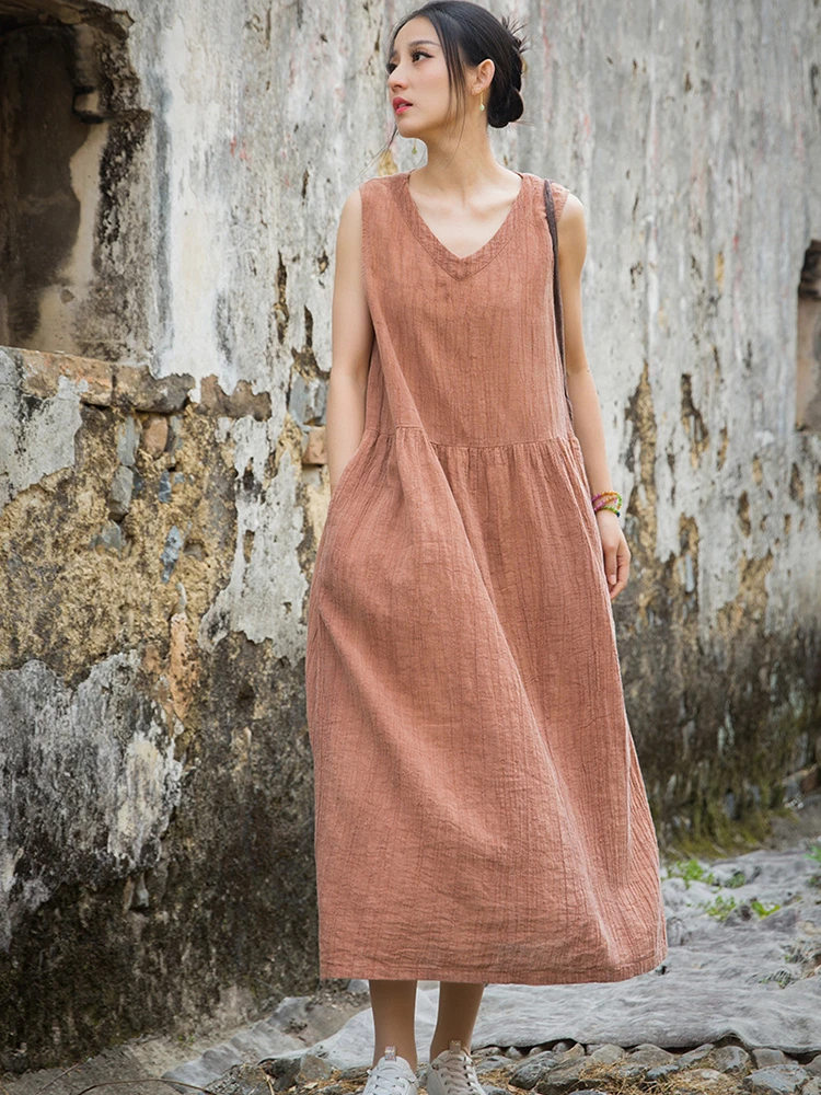 Alta qualidade algodão linho vestido longo feminino novo 2025 verão estilo vintage com decote em v tie dye solto feminino casual a linha vestidos m1293