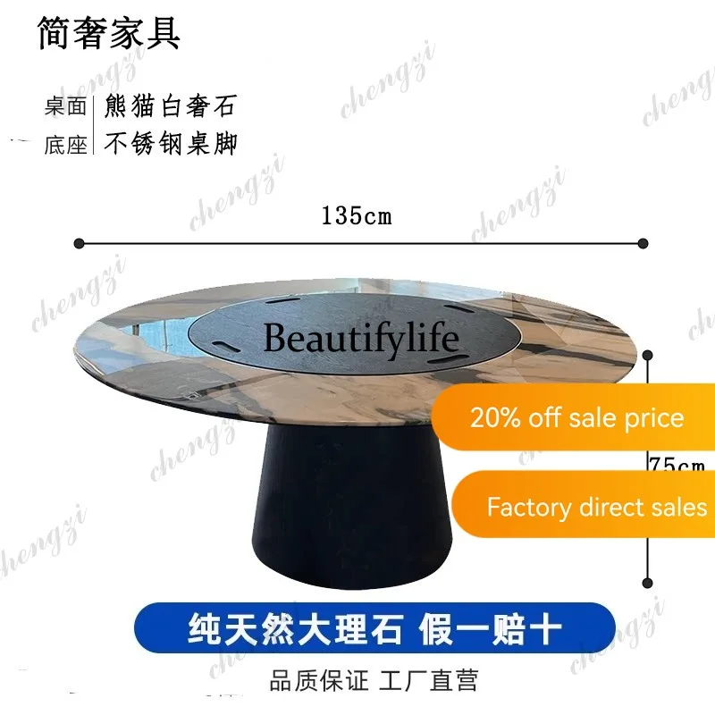 M182 Natural panda white luxury stone round dining table light luxury solid wood high-end marble dining table with turntable