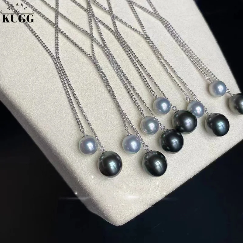 

KUGG 18K White Gold Necklace Natural Tahiti Black Pearl and Akoya Pearl Double Bead Design Fashion Sweater Chain for Women