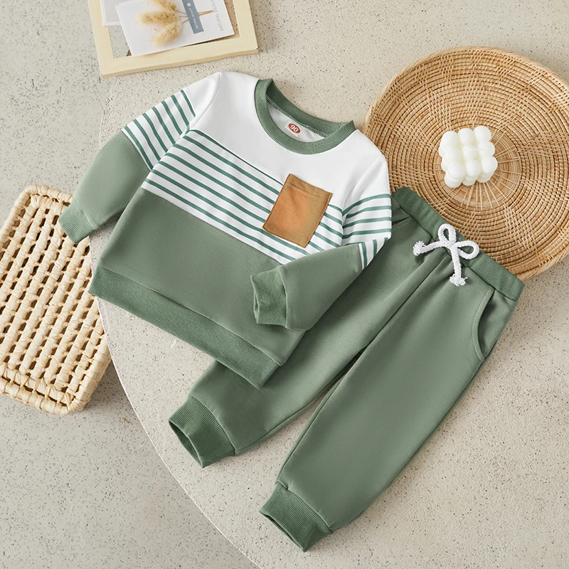 

Suefunskry Kids Boys 2Pcs Outfit, Long Sleeve Stripes Contrast Color Sweatshirt with Elastic Waist Sweatpants Fall Clothes Set