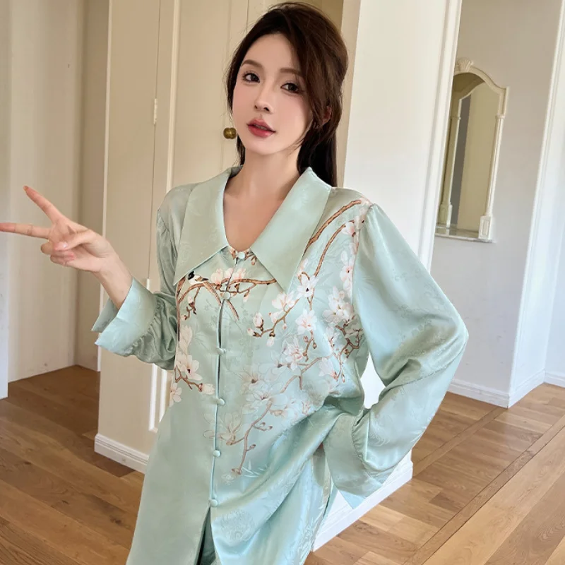 2024 Spring New Light Luxury Ice Silk Pajamas Set Women\'s Chinese Thin Simulated Sleepwear Silk National Style Home Clothing