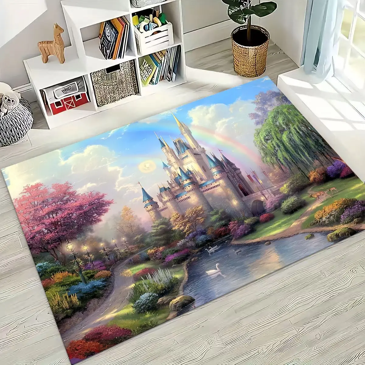 Enchanting Fairy Tale Castle Rug Magical Rainbow Garden Living Room Carpet