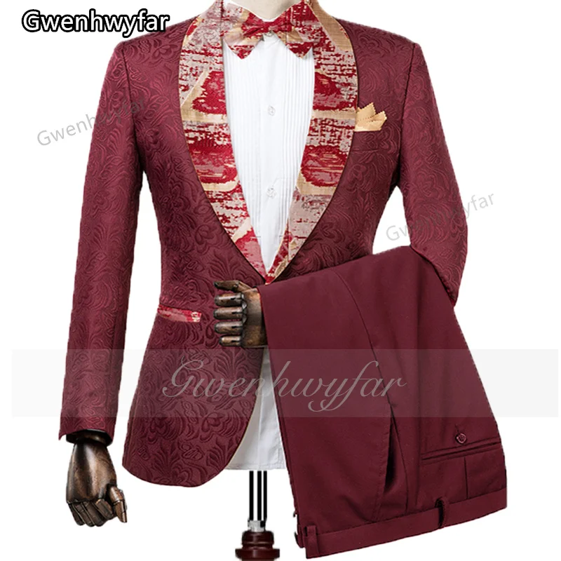 Gwenhwyfar Hot Sale Burgundy Pattern Jacket Floral Lapel High Quality New Style Suit Wedding Bridegroom Blazer Party Prom Tuxedo
