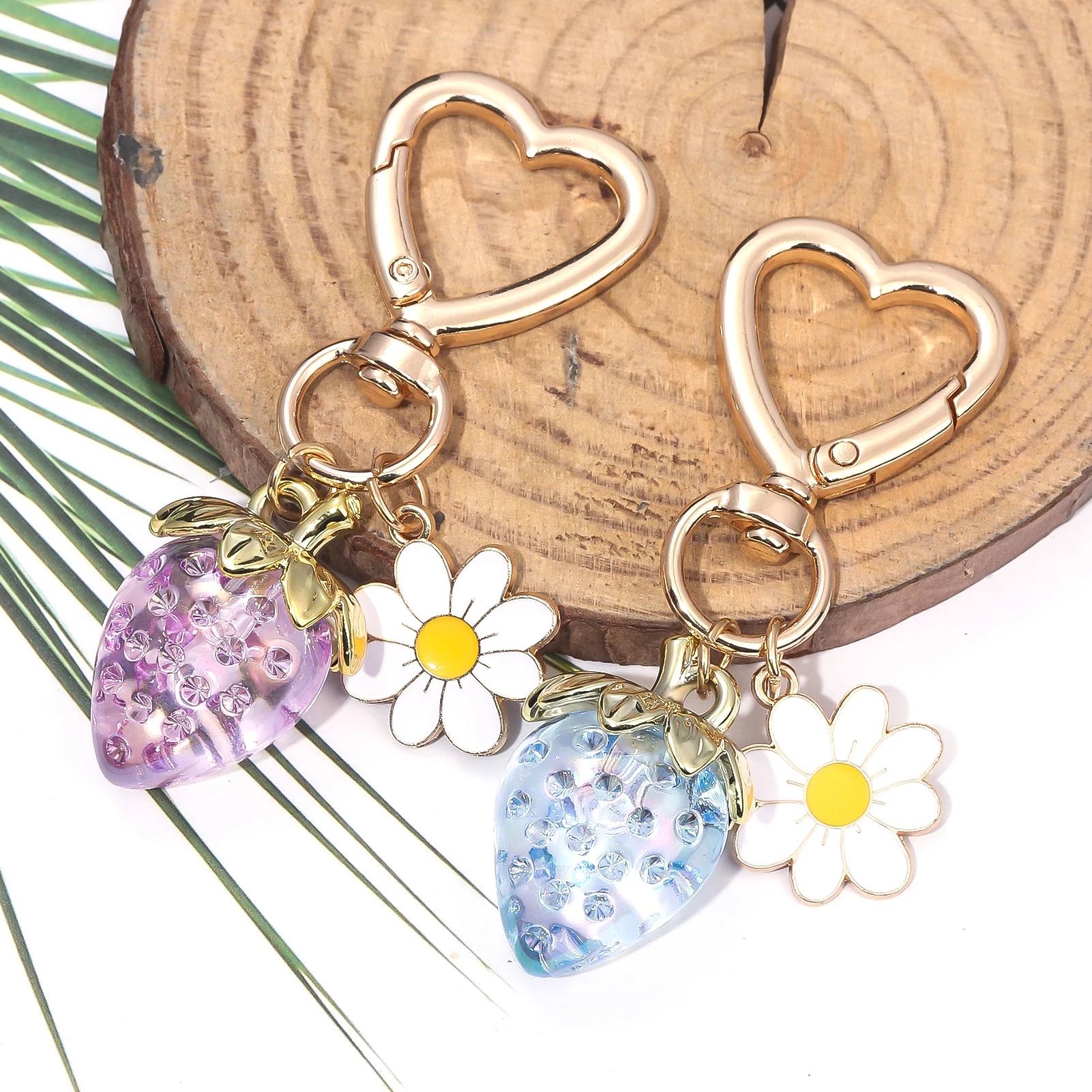 Cute Strawberry Bag Pendant Keychain Kawaii Heart Flower Daisy Key Chain for Women Girs Bag Purse Pendant Accessories Gift image 3