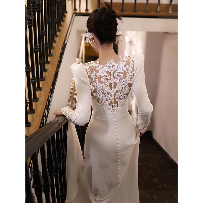 

Long Sleeve Mermaid Light Wedding DressvWhite Satin Simple Bride Lace Backless Train Dress
