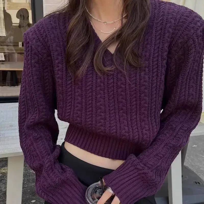 Women's Autumn and Winter Korean Version of The New Loose V-neck Solid Color Screw Thread Short Pullover Sweater Fashion Lazy