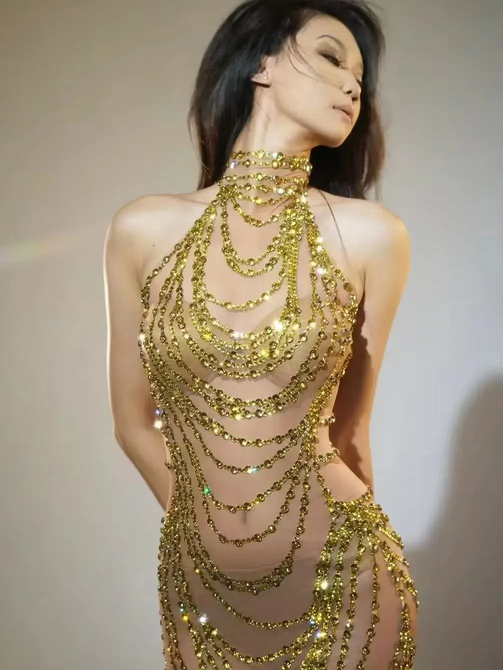 Gold Rhinestones Mesh See Through Long Dress Luxury Women Sexy Silver Evening Prom Birthday Celebrate Gown Stage Wear