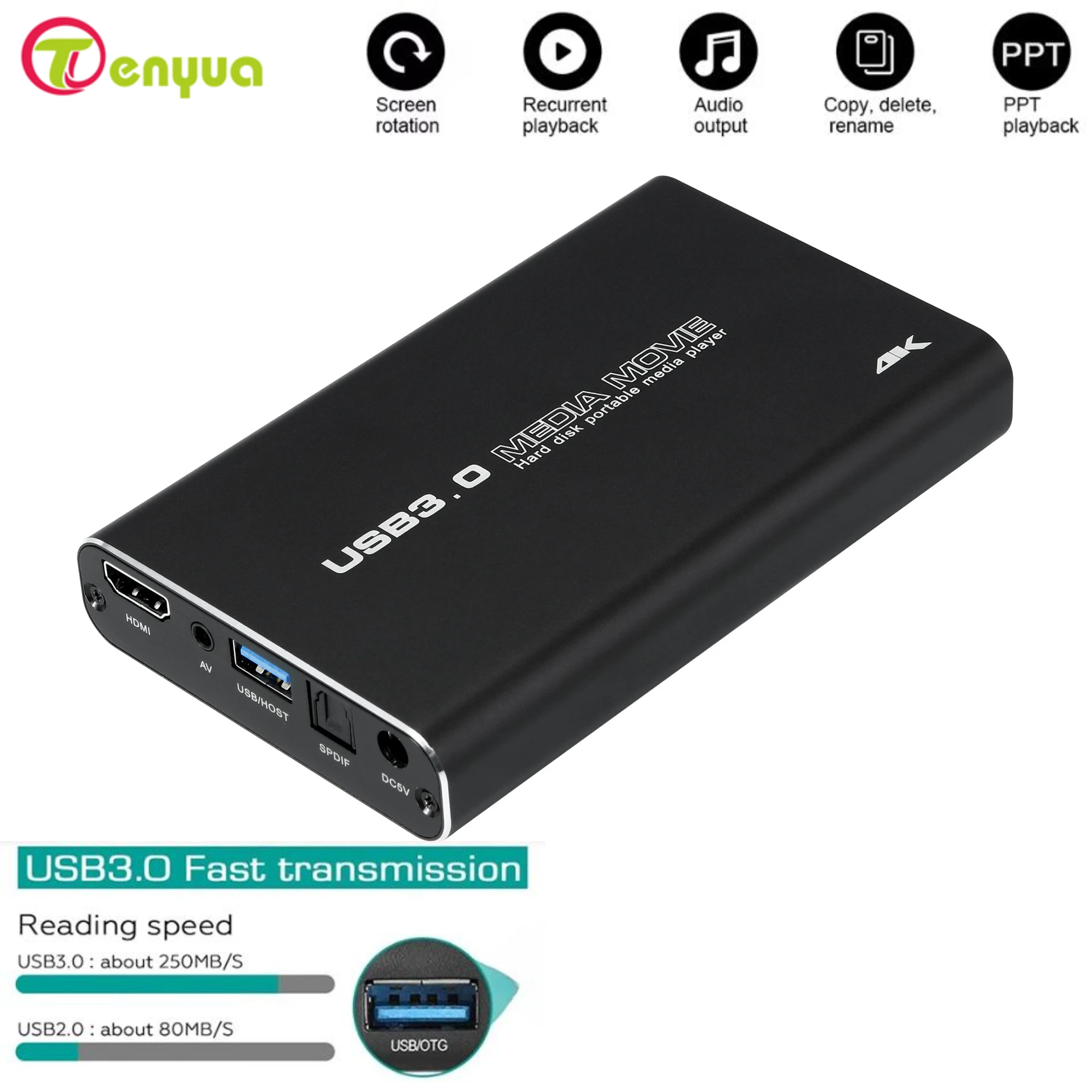 

4K Full HD H.265 MKV USD3.0 HDD Media Player Center with Auto Play for USB OTG SD AV TV AVI RMVB RM PPT SPDIF USB Hard Drives