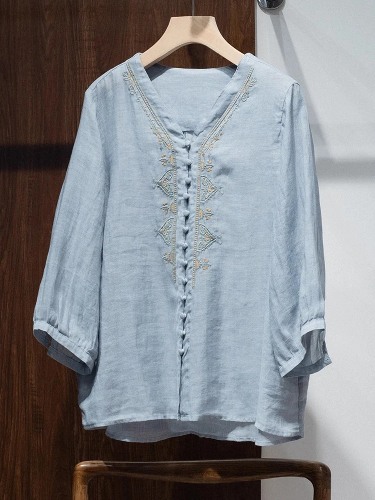 100% Ramie 여성 캐주얼 셔츠 새로운 도착 2025 여름 빈티지 스타일 v-목 자수 느슨한 편안한 여성 탑 셔츠 T639