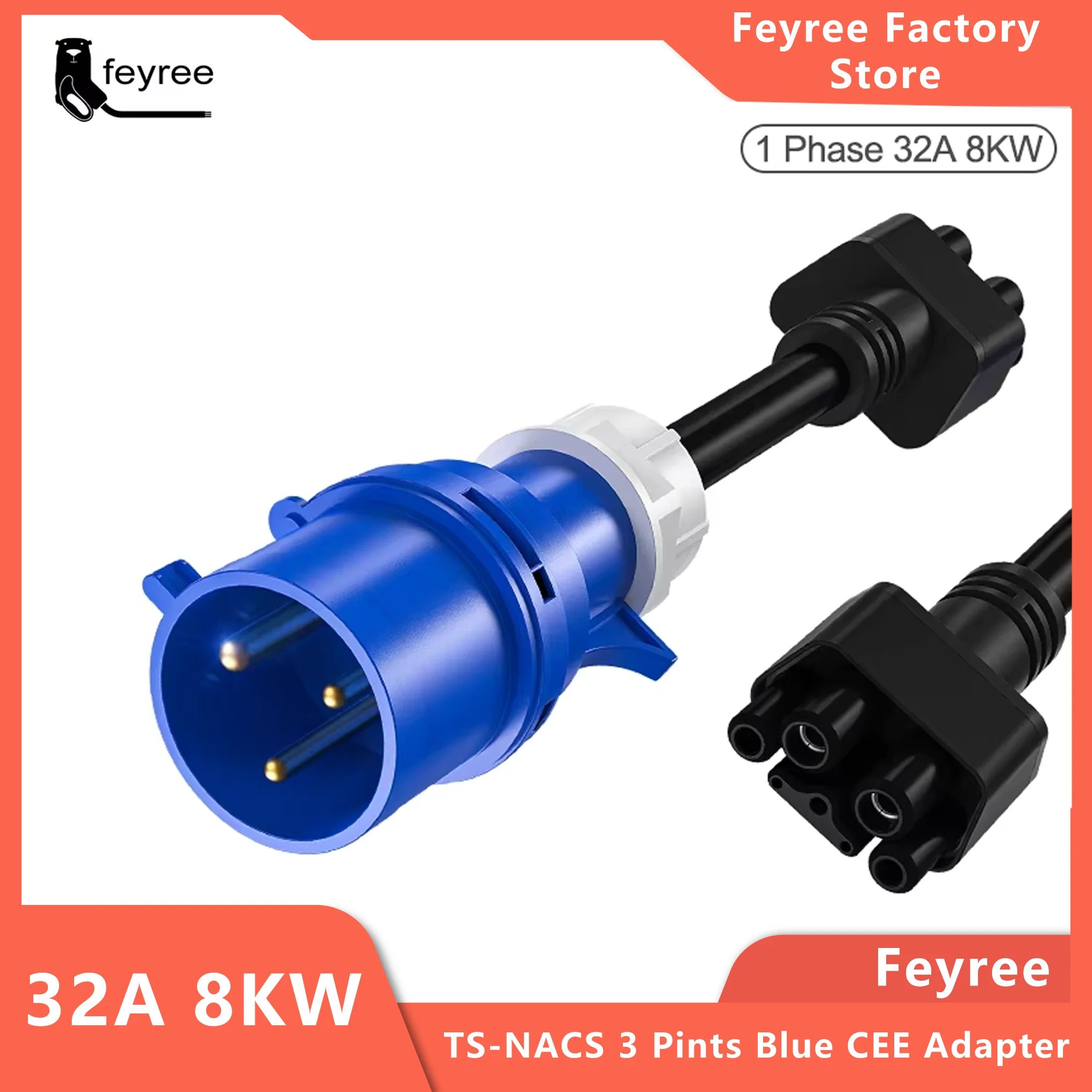 feyree for TS-NACS 3 pin Blue CEE Adapter for Tesla Model S,3,X,Y Gen 2 EV Charger Extension Connector 240V Outlet at 32A 10Inch