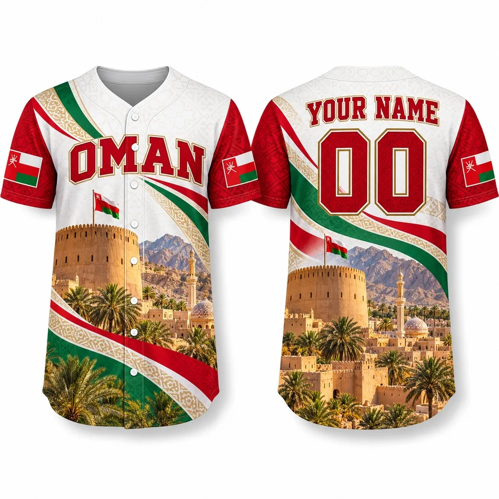 Oman Muscat and Nizwa Baseball Jersey Custom Name Number Jerseys Shirt White Red Green Flag Shirts and Rose and Dhow Art
