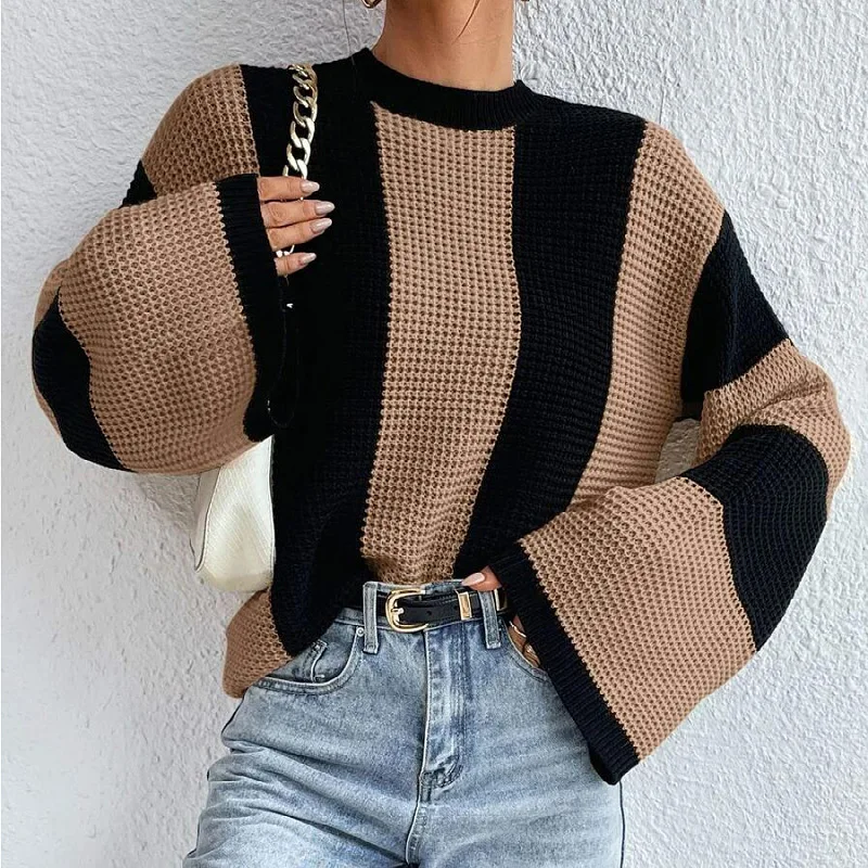 Women's Colorblock Bell Sleeve Mock Neck Knit Sweater Pullover Top