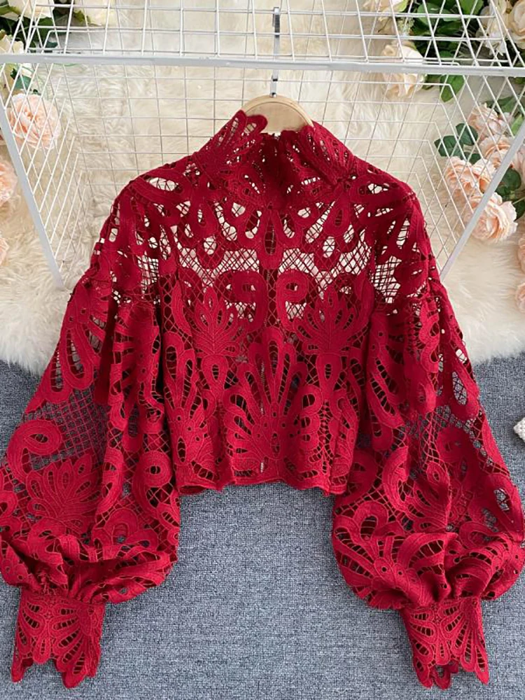 Sexy Lace Hollow Out Short Blouse Casual Lantern Long Sleeve Stand Collar Shirts Female Elegant Red/Pink/White Loose Tops