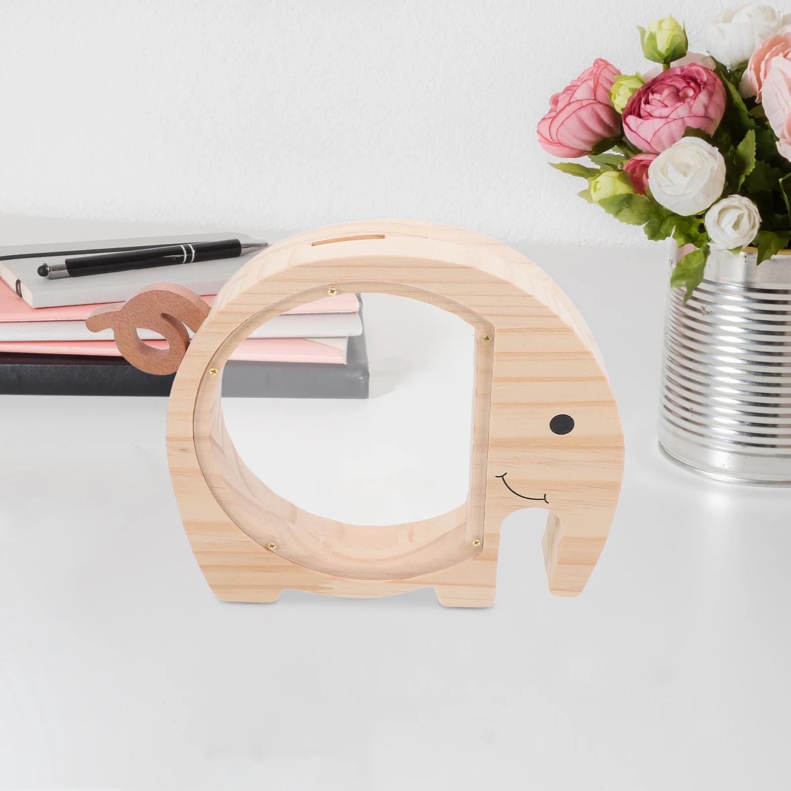 Drewniany skarbonka dla dzieci w kształcie słonia, przezroczysty pojemnik na monety, kreatywna skarbonka, uroczy zwierzęcy wystrój pokoju, skarbonka dla dzieci.