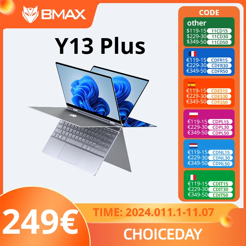 BMAX Y13 Plus 360° Laptop 13.3 inch Notebook Windows 11 12GB RAM LPDDR4 512GB SSD 1920*1080 IPS Intel N5100 laptops Computer