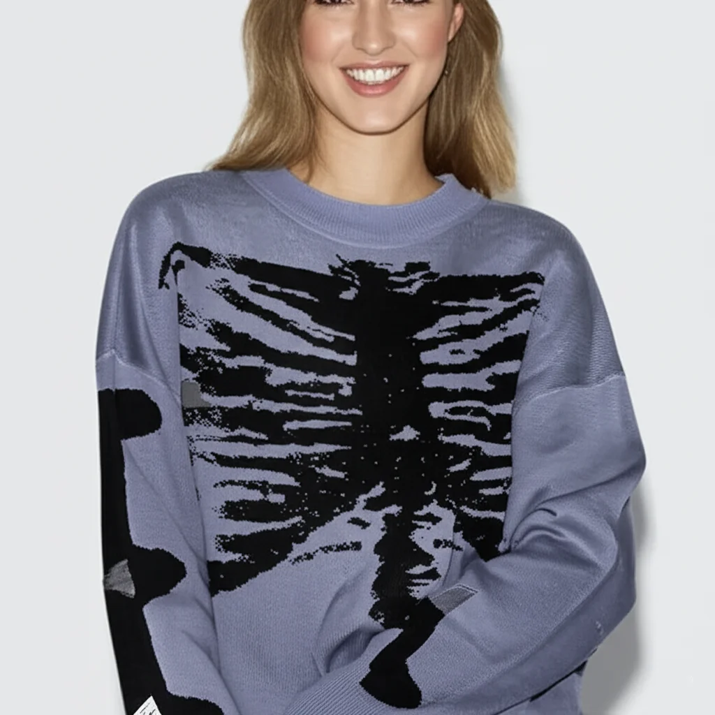 

Black Blue Printed Sweater Women Loose Pullover Casual Daily Commute Soft Knit Warm Winter Oversized Graphic Jumper