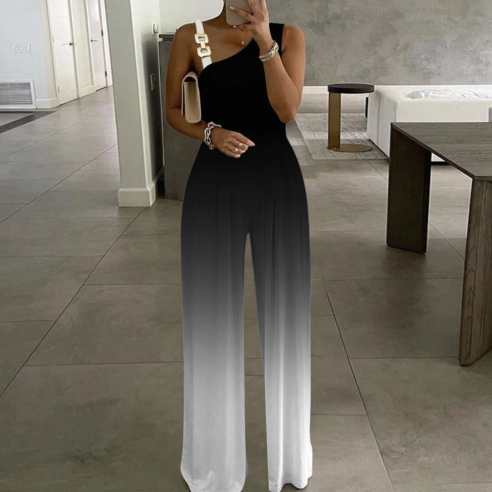 

Sexy Off Shoulder Gradient Printed Sleeveless Jumpsuit Woman 2024 New Casual High Waist Jumpsuits Elegan Luxury Female Rompers