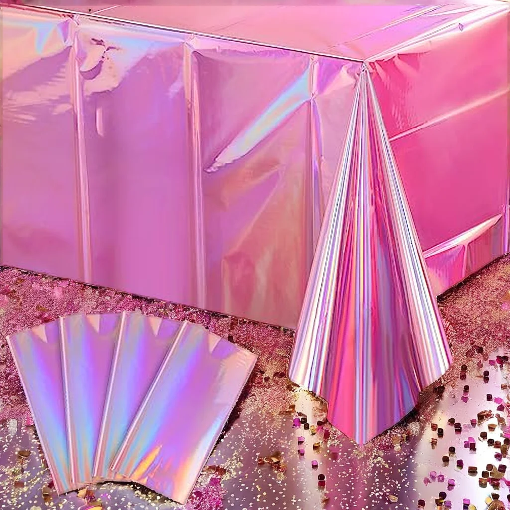 Pink Iridescent Metallic Plastic Table Skirt Shiny Laser Table Cover For Birthday Wedding Bachelorette Party Decorations