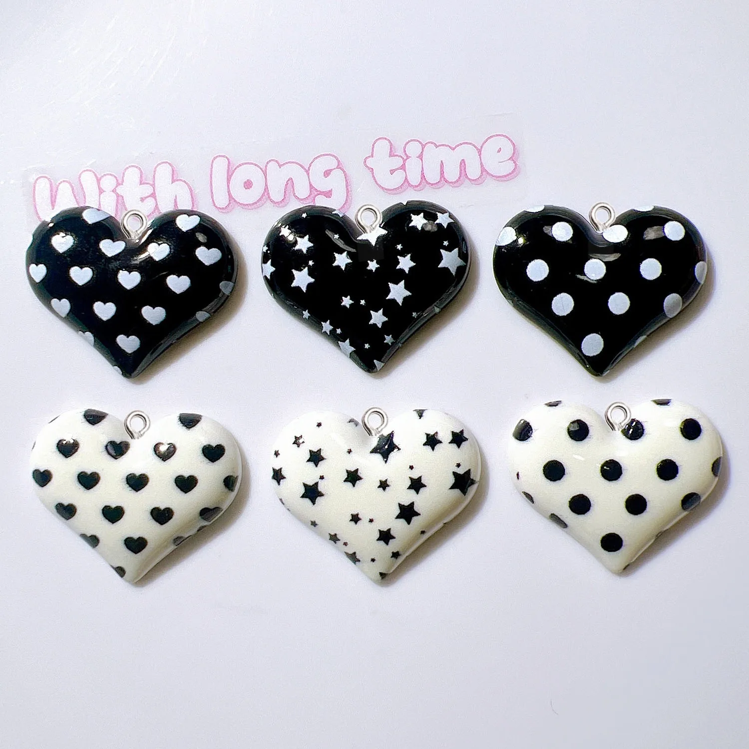 10Pcs Black White Heart Resin Pendants Dot Star Love Heart Flatback Charms Earrings Necklace Keychain Clothing Decor Accessory