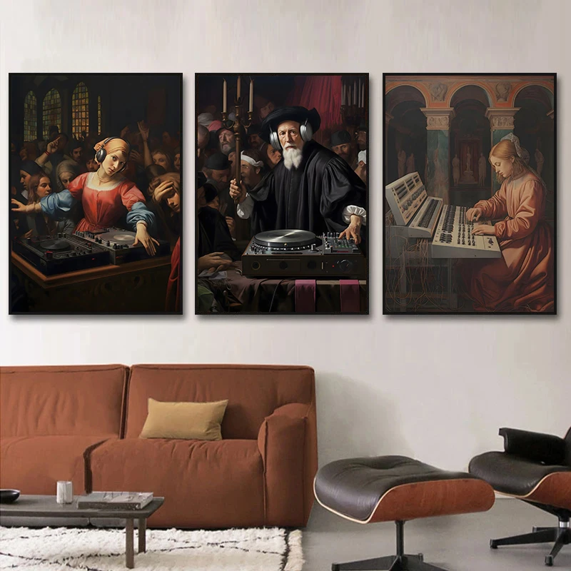 Funny Classic Renaissance Portrait DJ Music Canvas Painting Nordic Print Wall Art Poster and Picture for Living Room Bar Deco