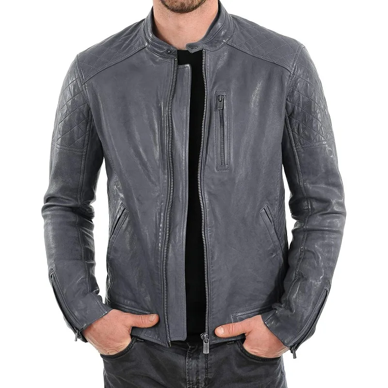 Men's Hand Craft Genuine Lambskin Leather Jacket Natural Grey Biker Urban Zipper