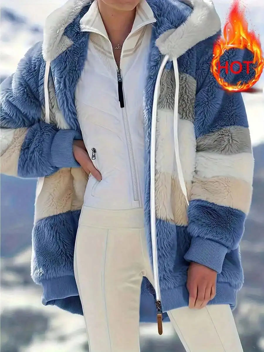 

Женская куртка с капюшоном из искусственного меха в стиле колор-блок, свободная теплая зимняя куртка на молнии