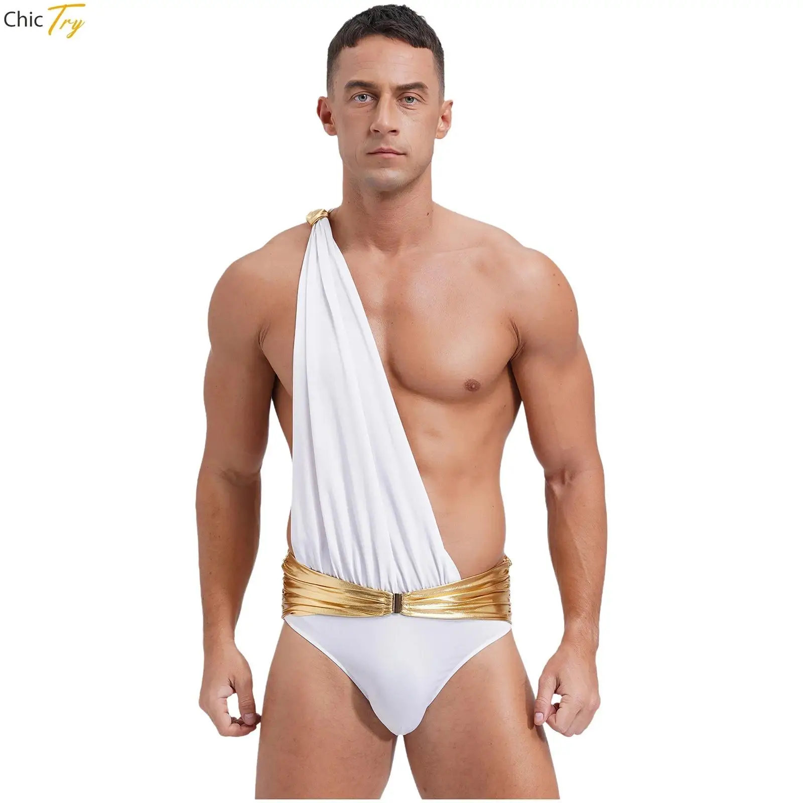 

Men Ancient Greek Roman Bodysuit Halloween Carnival Party Cupid Cosplay Costume One Shoulder Knight Warrior Belt Briefs Jumpsuit