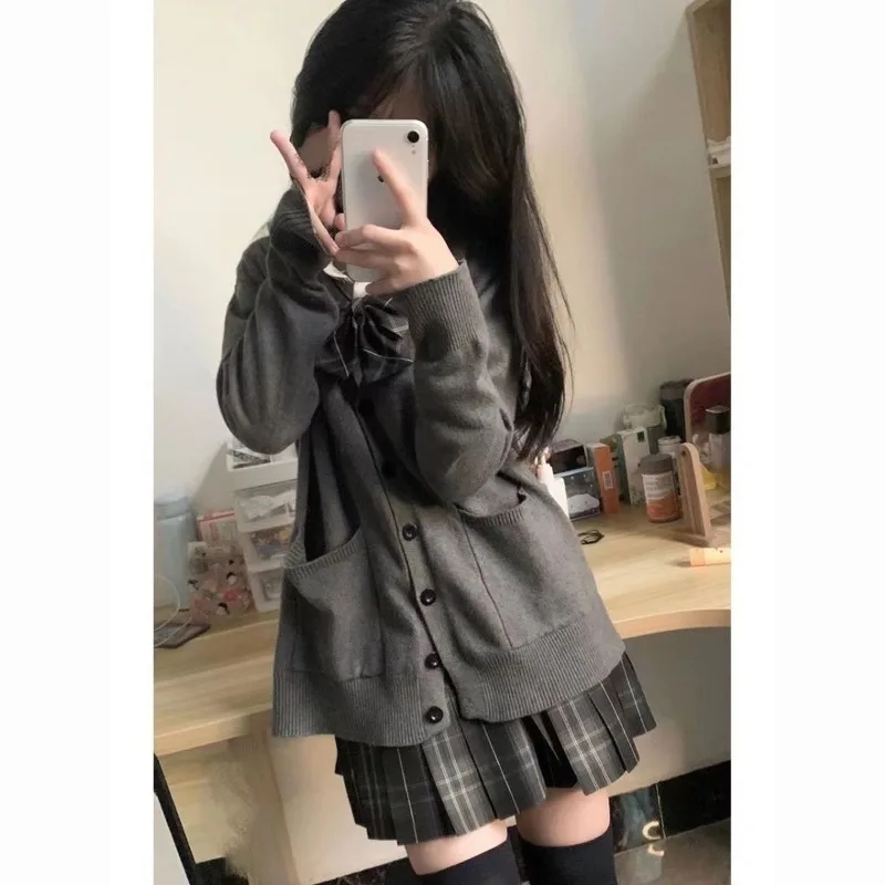 Japanese Solid V-neck College Sweater Outerwear Cardigan JK Uniform Button Pocket Loose Thin Long Sleeved Knit Top Autumn Winter