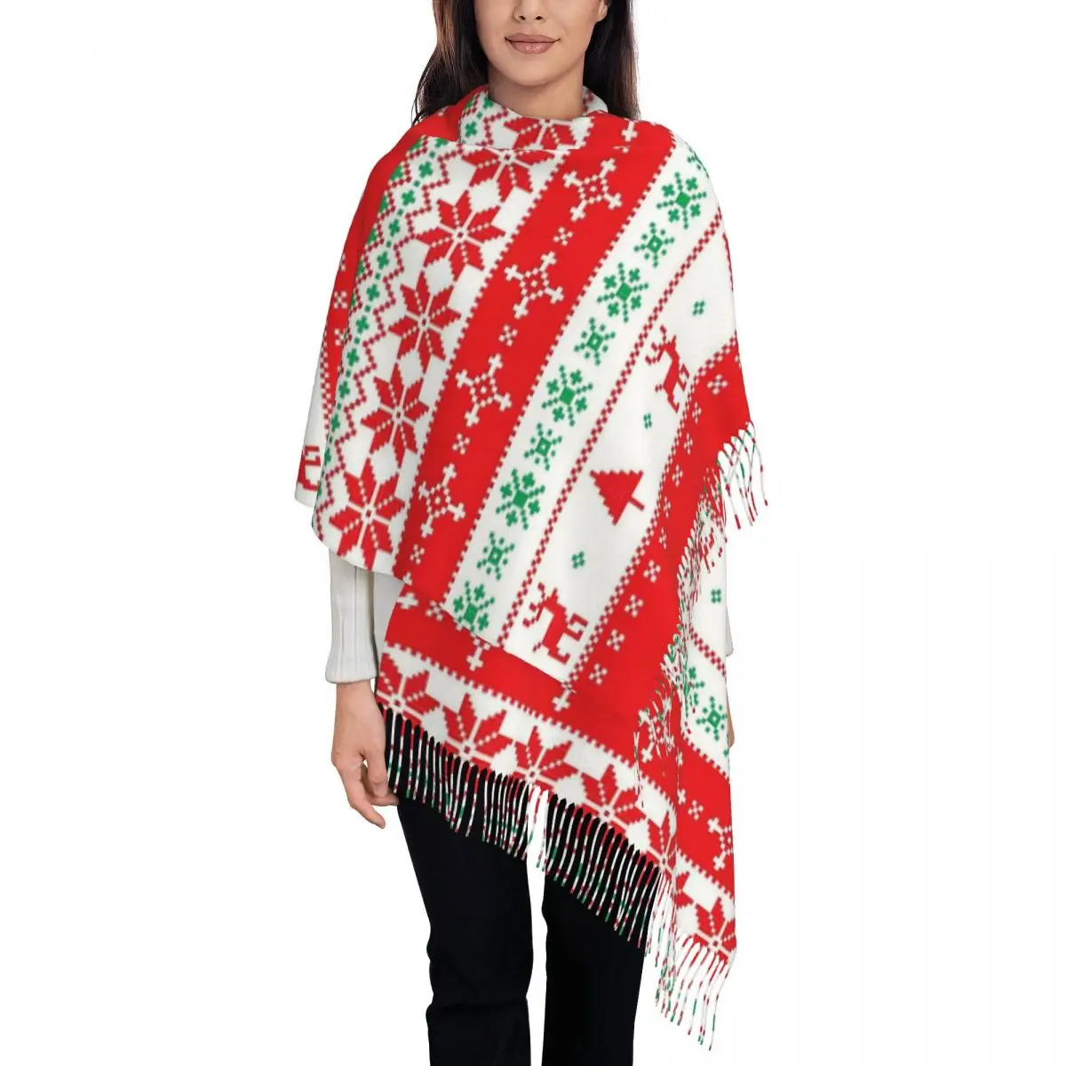 Christmas Reindeer Snowflake Scarf for Women Winter Fall Cashmere Shawl Wrap Deer Single-sided Pattern Scarves with Tassel
