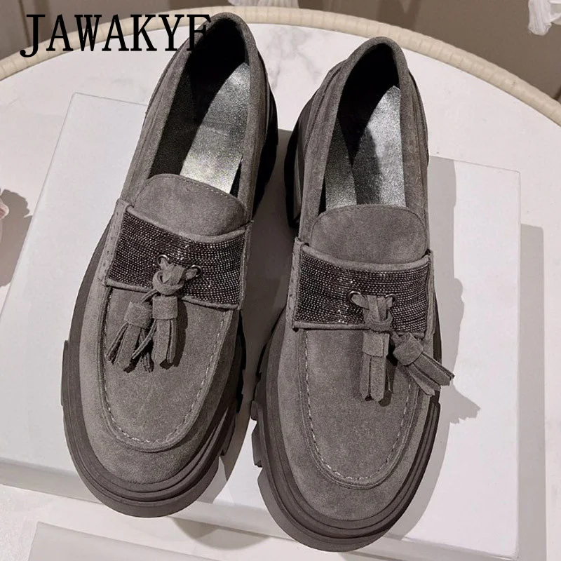 JAWAKYE piattaforma in pelle scamosciata aumentare scarpe donna Slip on punta tonda suola spessa nappe mocassini scarpe Casual scarpe retrò per le