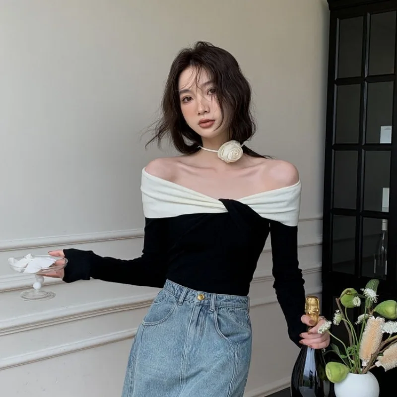 Pullovers Women French Style Slash Neck Panelled Elegant Slim Long Sleeve Sweater Y2k Irregular Knitwear Designs All-match New