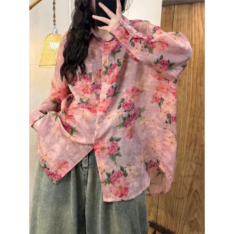 Korejepo Women Autumn New Retro Shirts Niche Casual Lapel Peach Blossom Print Cotton Linen Version Shirt Beautiful Romantic Top