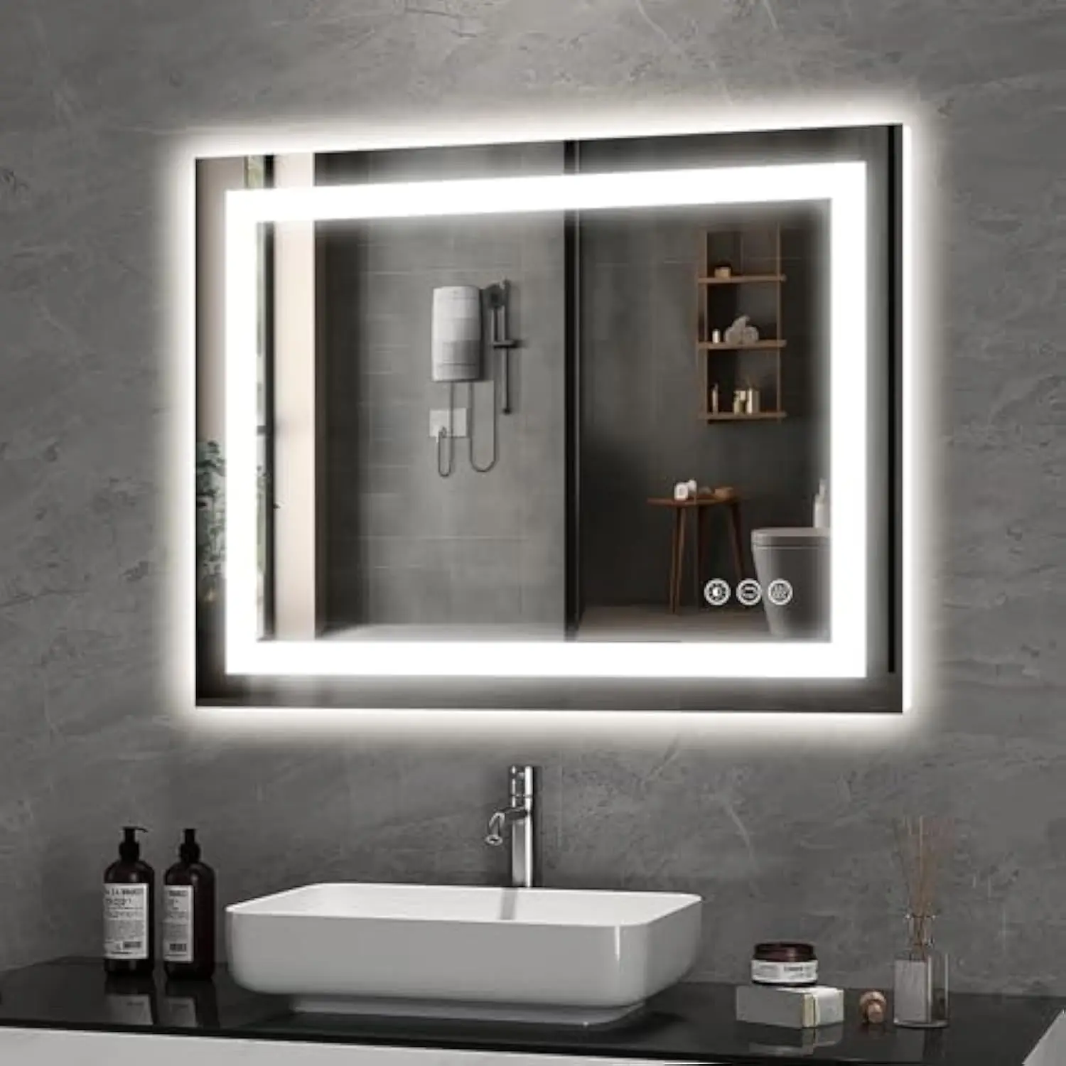 

36X28 Светодиодное зеркало для ванной комнаты, передняя подсветка и подсветка, настенное косметическое зеркало с подсветкой, регулировка яркости 10%-100%, 3 цвета, противотуманное, Smart Mem