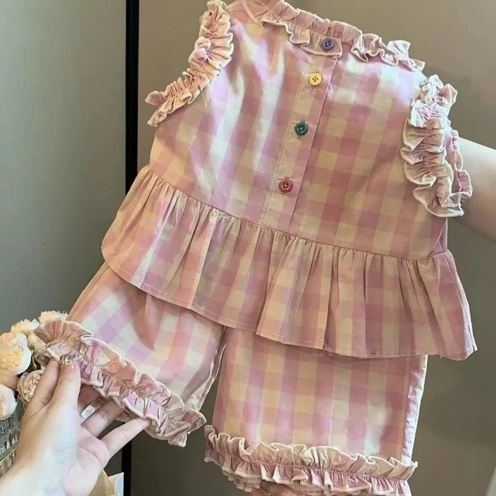 Pakaian Anak Versi Korea 2025 Set Pakaian Anak Perempuan Motif Kotak-kotak Musim Panas Baru Rompi Tanpa Lengan Warna Pink+Celana Lebar Berenda